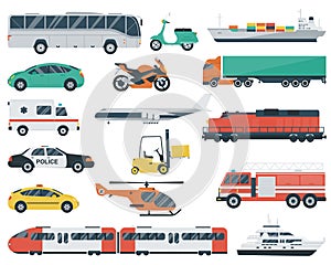 Transportation icons set. City cars and vehicles transport. Car, ship, airplane, train, motorcycle, helicopter. Flat photo