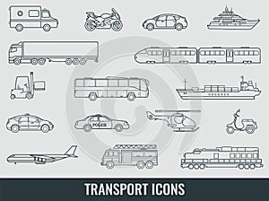 Transportation icons set. City cars and vehicles transport. Car, ship, airplane, train, motorcycle, helicopter. Outline