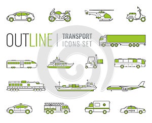 Transportation icons set. City cars and vehicles transport. Car, ship, airplane, train, motorcycle, helicopter. Outline