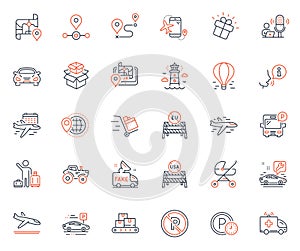 Transportation icons set. Included icon as Eu close borders, Car and Usa close borders web elements. Vector