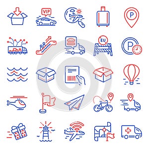 Transportation icons set. Included icon as Flag, Get box, Parking. Vector