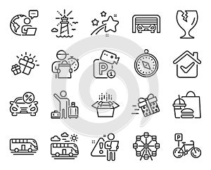 Transportation icons set. Included icon as Gift, Airport transfer, Parking garage signs. Vector