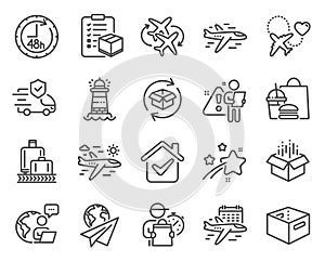 Transportation icons set. Included icon as Honeymoon travel, Select flight, Transport insurance signs. Vector