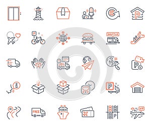 Transportation icons set. Included icon as Paper plane, Parking and Shuttle bus web elements. For website app. Vector