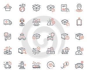 Transportation icons set. Included icon as Search package, Car secure and Return package web elements. Vector