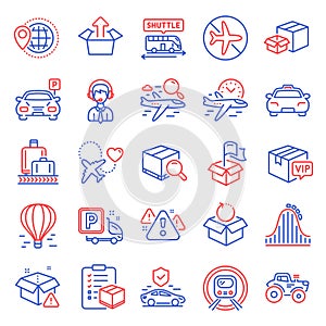 Transportation icons set. Included icon as Taxi, Delivery location, Warning. Vector