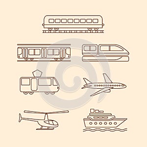 Transportation icons of tram, subway, train,