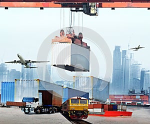 Transportation, import-export and logistics concept, container truck, ship in port and freight cargo plane in transport and import