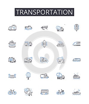 Transportation line icons collection. Commute, Transit, Travel, Conveyance, Carriage, Convoy, Haulage vector and linear