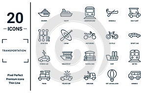 transportation linear icon set. includes thin line cruiser, gear box, hybrid car, train, minibus, motorbike, metro icons for