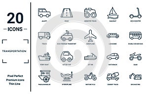 transportation linear icon set. includes thin line jalopy, truck, ferry boat, paddlewheeler, excavators, aeroplane, quad icons for