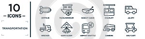 transportation linear icon set. includes thin line zeppelin, dugout canoe, jalopy, hang glider, zamboni, golf cart, wrecker icons photo