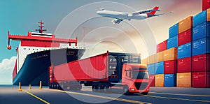 Transportation and logistic import export and transport industry of truck container cargo ship. Generative ai