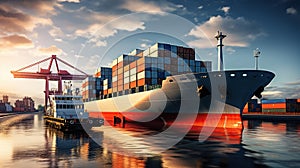 Transportation and logistic import export and transport industry of truck container cargo ship, Generative AI