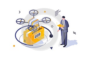 Transportation logistics concept in 3d isometric design. Man uses drone flying delivery service for box shipping and online