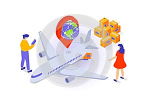 Transportation and logistics concept in 3d isometric design. People use global delivery company service for air shipping and