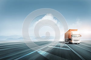 Transportation and logistics concept of Container Truck on highway road at sunset blue sky with copy space, Global Business