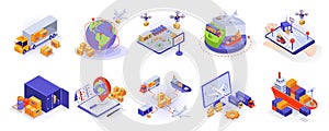 Transportation and logistics concept isometric 3d icons set