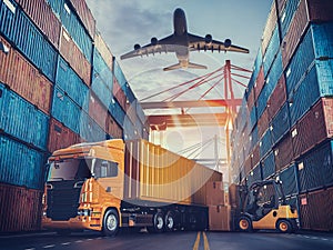 Transportation and logistics of Container Cargo ship and Cargo plane