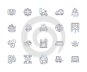 Transportation management outline icons collection. Shipping, Logistics, Tracking, Traffic, Railways, Freight, Supply
