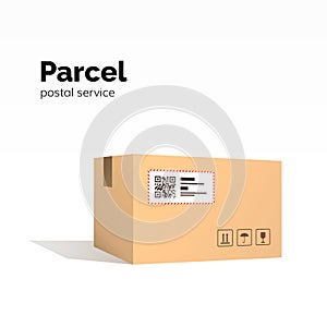 Transportation parcel. carton box container. QR code, closed parcel box, package paper box. package service, flat vector