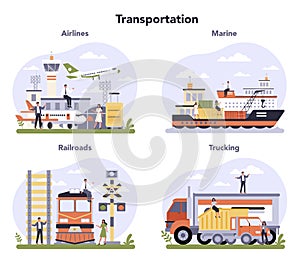 Transportation sector of the economy set. Airlines, marine, railroads