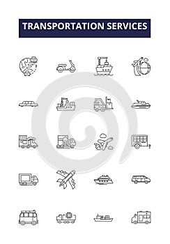 Transportation services line vector icons and signs. Trains, Boats, Planes, Taxis, Buses, Vans, Rideshare, Cycling