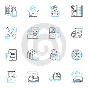 Transportation services linear icons set. Logistics, Shipment, Courier, Hauling, Shipping, Freight, Conveyance line