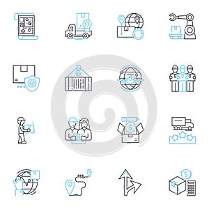 Transportation services linear icons set. Logistics, Shipping, Delivery, Hauling, Dispatch, Shipment, Transit line