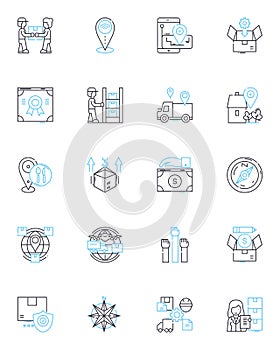 Transportation services linear icons set. Logistics, Shipping, Delivery, Hauling, Dispatch, Shipment, Transit line photo