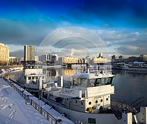 Transportation ship on Moscow river background