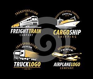 Transportation, shipping logo. Cargo transport, delivery label set. Vector illustration