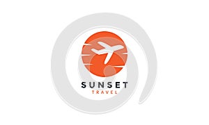 Transportation sky airplane travel with sunset logo vector icon illustration design