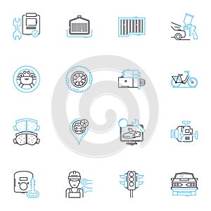 Transportation solutions linear icons set. Commute, Mobility, Logistics, Carpooling, Transit, Routing, Delivery line