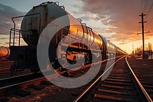 Transportation tank cars with oil during sunset
