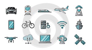Transportation technology and communication icons