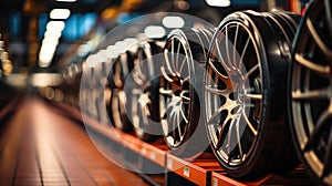 Transportation Tire rubber products, Group of new tires for sale at a tire store