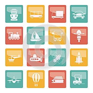 Transportation, travel and shipment icons over colored background