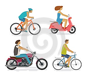 Transportation, trip, driving icon set. People rides by transport, concept. Cartoon vector illustration
