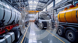 Transportation truck dangerous chemical truck tank stainless is parked in the factory. AI Generative