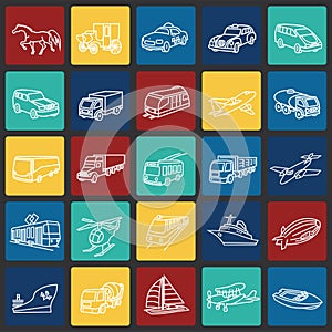 Transportation and vehicles thin line on color squares background