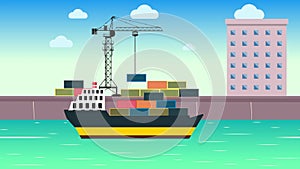 Transporting cargo with a ship 4K animation. Ship loading cargo container on dockyard footage. Transporting cargo using a ship,