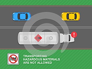 Transporting hazardous materials are not allowed sign meaning. Top view of a traffic flow.