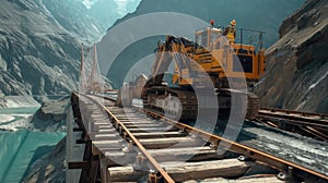 transporting large construction equipment as workers reinforce a bridge to accommodate the weight, capturing the