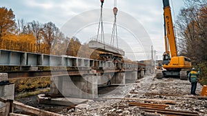 transporting large construction equipment as workers reinforce a bridge to accommodate the weight, capturing the