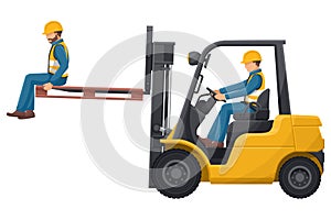 Transporting people on the forklift is prohibited. Dangers of driving a forklift. Forklift driving safety. Work accident in a