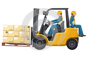 Transporting people on the forklift is prohibited. Fork lift truck transporting a wooden box packing pallet. Work accident in a