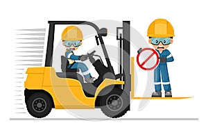 Transporting people on the forklift is prohibited. Safety in handling a fork lift truck. Security First. Accident prevention at