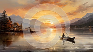 Transports viewers to a serene natural setting—a picturesque lake framed by trees with a small boat carrying a fisherman