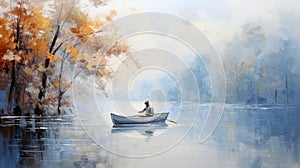 Transports viewers to a serene natural setting—a picturesque lake framed by trees with a small boat carrying a fisherman